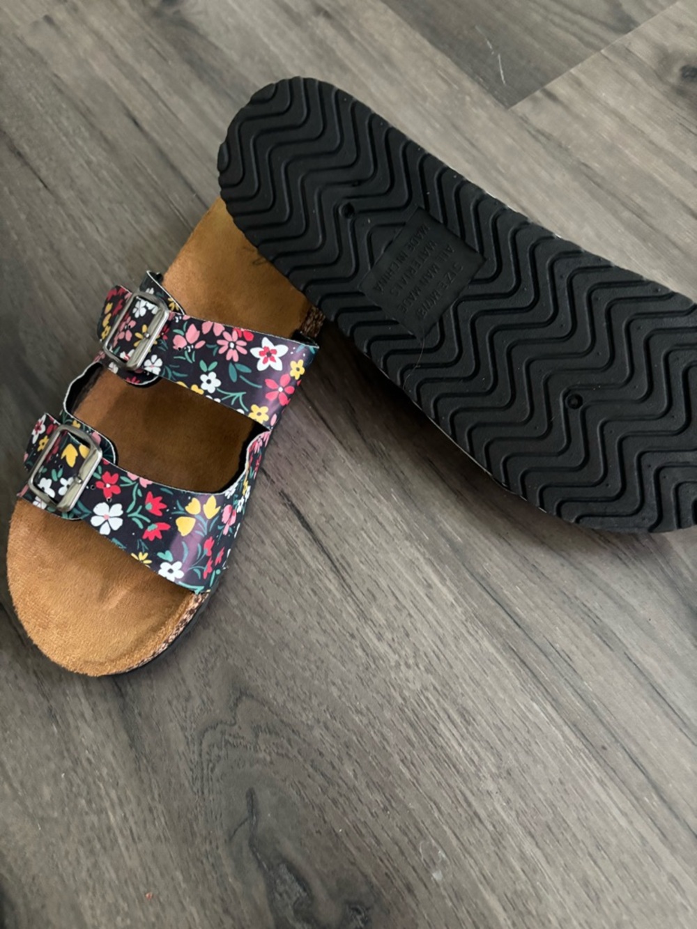 Bobbie Brooks Floral Double Buckle Sandals in Black with Multi-Color Flowers - Picture 3 of 3